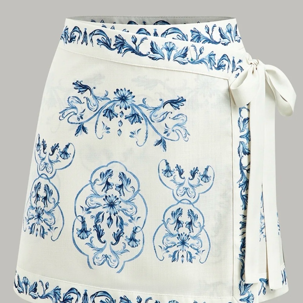Commense White Wrap Mini Skirt with Blue Floral Medallion Print